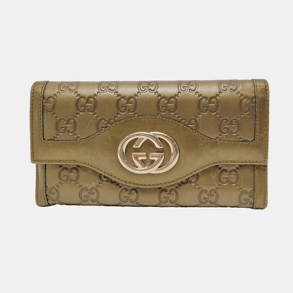 GUCCI Yellow-Green Calfskin Monogram Embossed Wallet Golden hardware-(SKU)-949959862