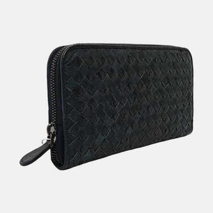 BOTTEGA VENETA Navy Blue Cowhide Braided Wallet Black hardware-(SKU)-952345115