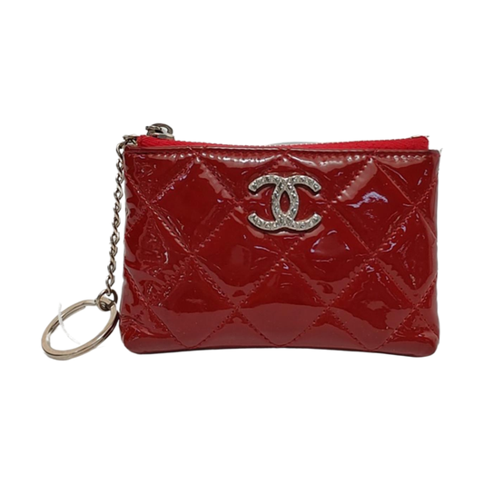 CHANEL Red patent leather diamond pattern quilted wallet Silver Hardware 14nan-(SKU)-952345505