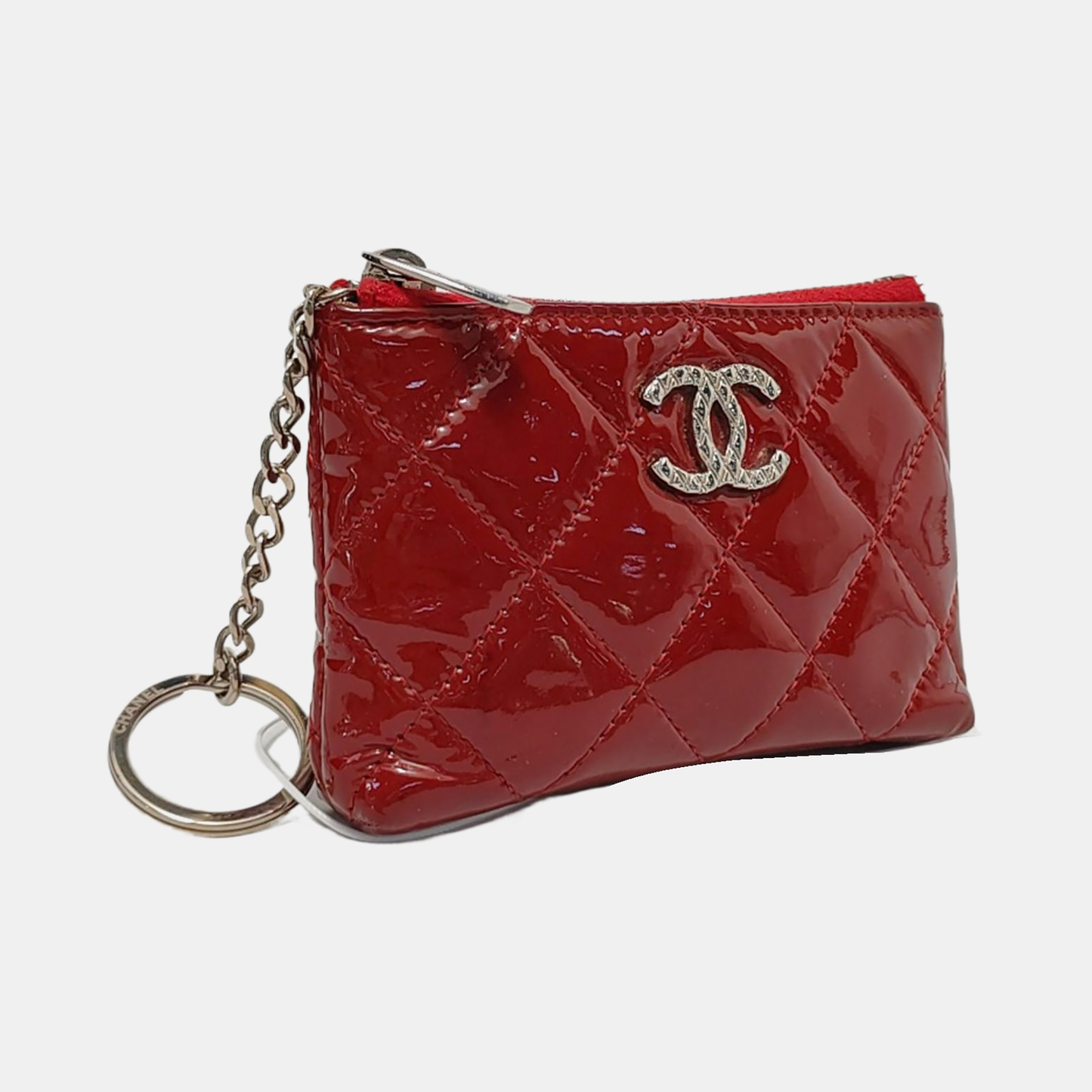 CHANEL Red patent leather diamond pattern quilted wallet Silver Hardware 14nan-(SKU)-952345505
