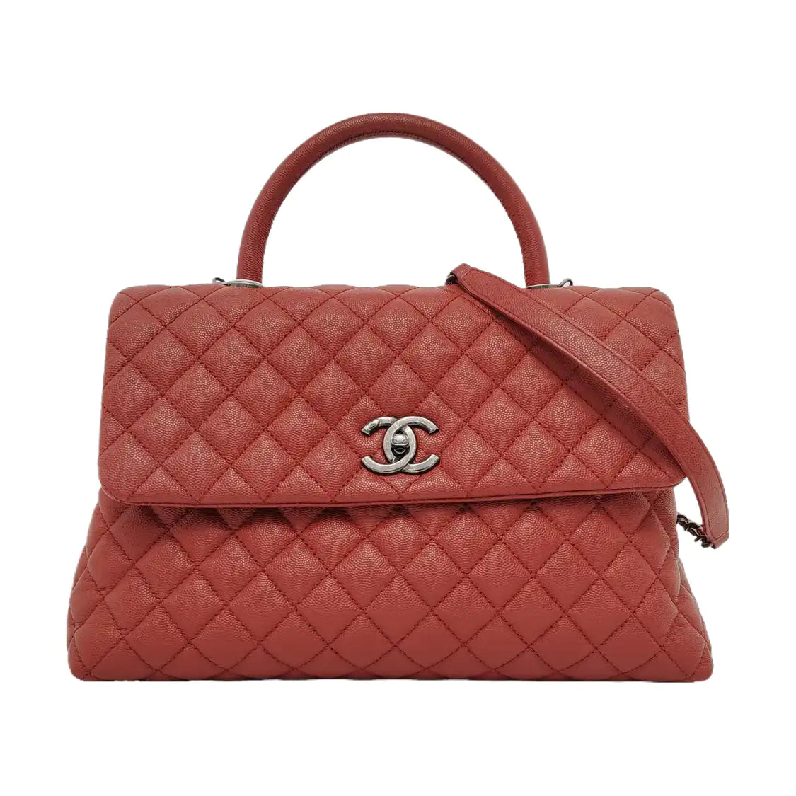 CHANEL COCO HANDLE Large size brick red grained leather quilted diamond pattern Coco Handle bag shoulder bag crossbody bag with silver hardware 23 opening and removable shoulder strap-(SKU)-952642584