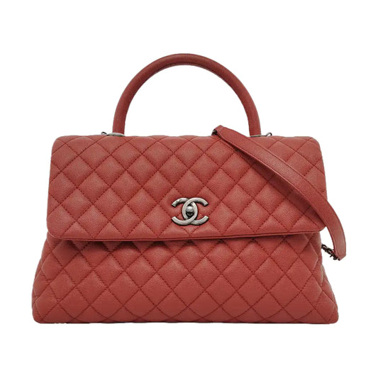 CHANEL COCO HANDLE Large size brick red grained leather quilted diamond pattern Coco Handle bag shoulder bag crossbody bag with silver hardware 23 opening and removable shoulder strap-(SKU)-952642584