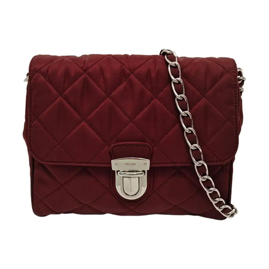 PRADA Burgundy Fabric Quilted Single Shoulder Bag Crossbody Bag Silver Hardware Removable shoulder strap-(SKU)-952724345