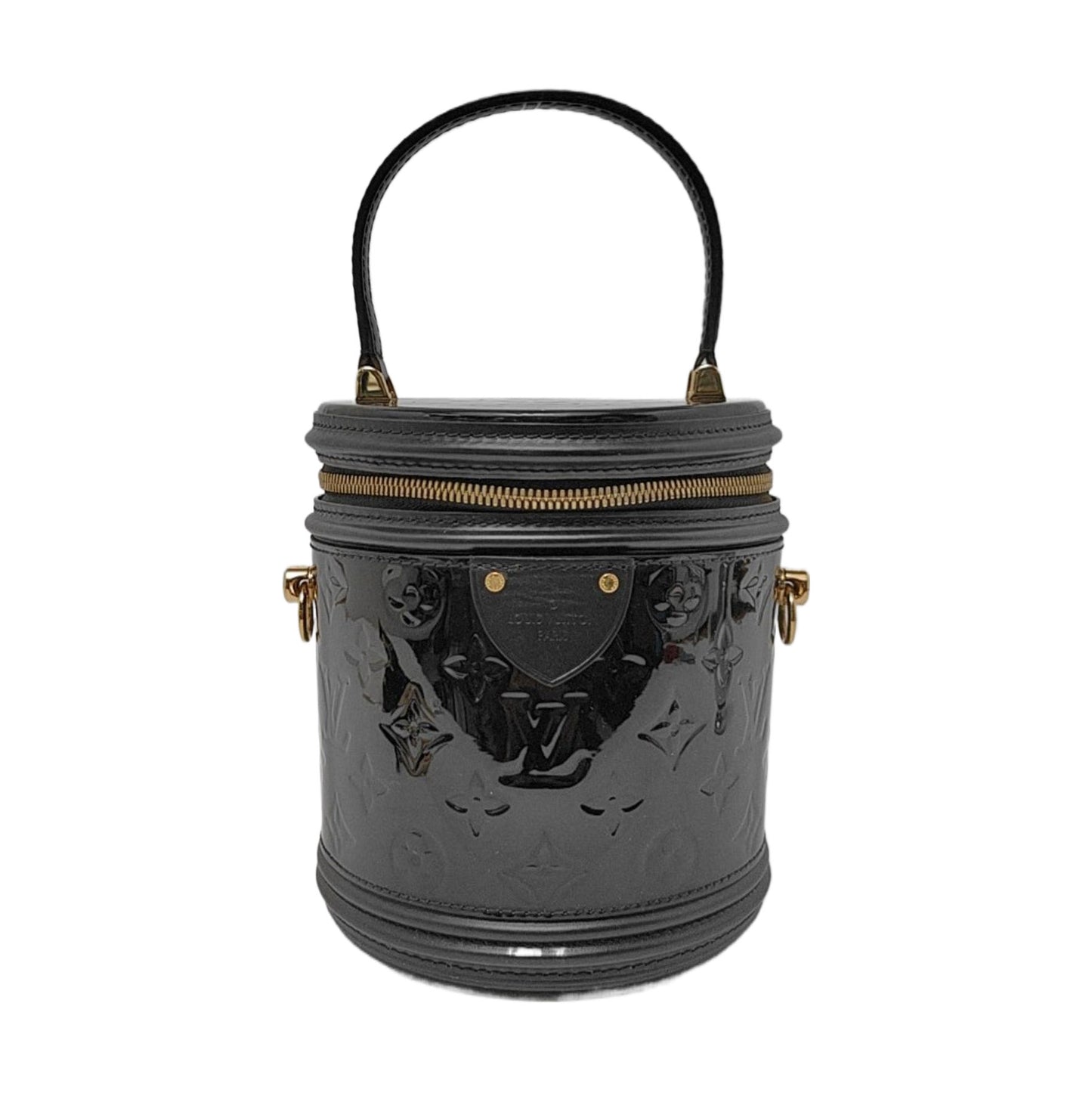 LOUIS VUITTON CANNES Black Patent Leather Embossed Money Bucket Crossbody Shoulder Bag Tote Bag Gold Hardware Removable Strap-(SKU)-952976210