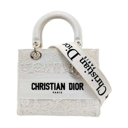 DIOR Lady D-Lite Medium Size White Canvas Embroidered Cutout Crossbody Shoulder Bag with Gold Hardware Removable Shoulder Strap-(SKU)-950358894