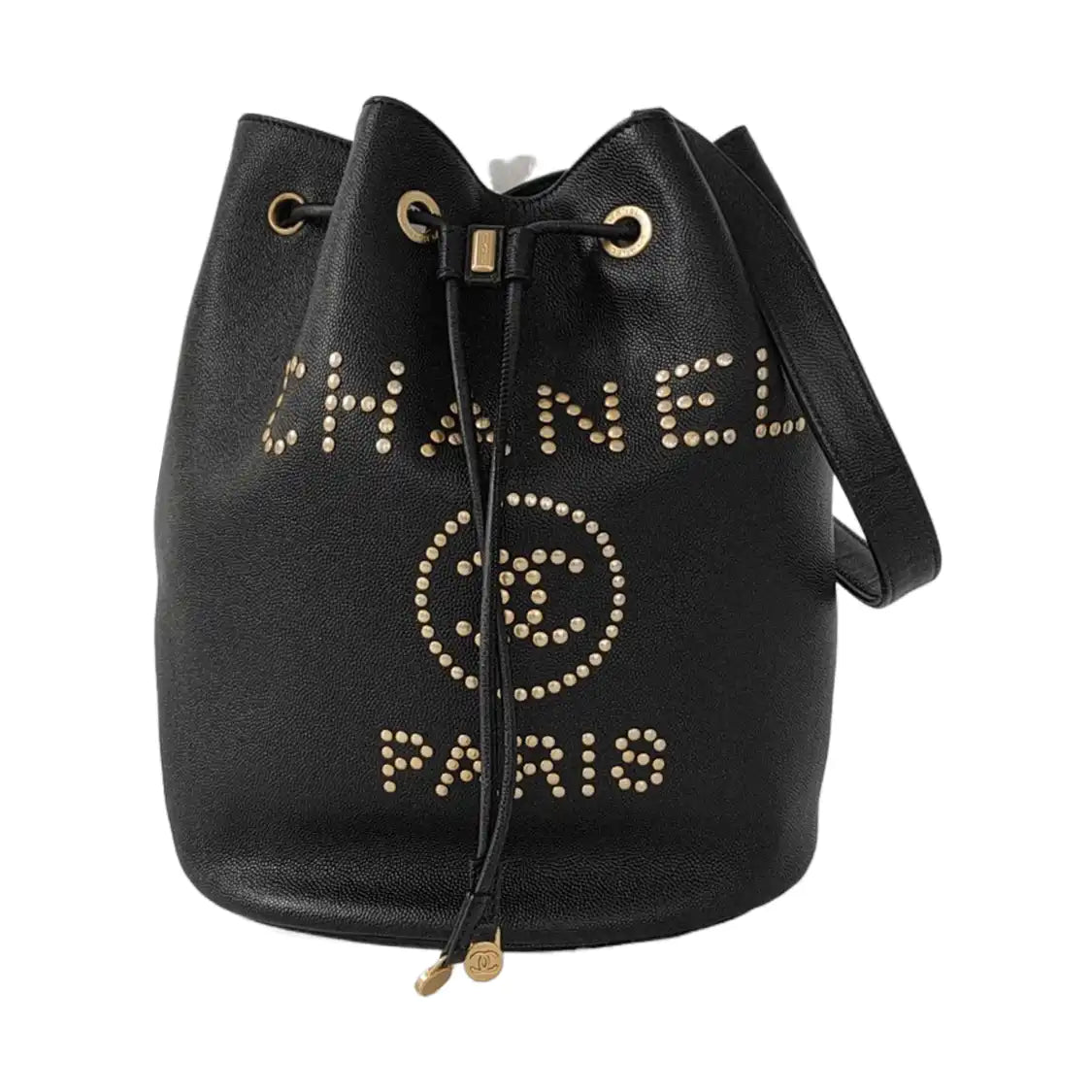 CHANEL DEAUVILLE Black Caviar Leather Studs Shoulder Bag Gold Hardware 28 Clasp-(SKU)-953026430