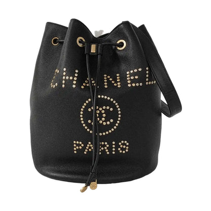 CHANEL DEAUVILLE Black Caviar Leather Studs Shoulder Bag Gold Hardware 28 Clasp-(SKU)-953026430