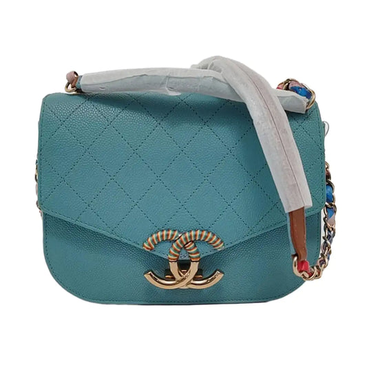 CHANEL THREAD AROUND Light Blue Calfskin Quilted Stitched Crossbody Shoulder Bag Handbag Tote Bag Silver Hardware 23 Clasp-(SKU)-953026490
