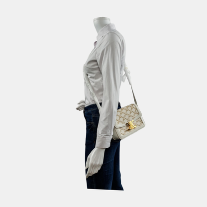 CELINE TRIOMPHE Small White Coated Canvas Triomphe Crossbody Single Shoulder Bag with Gold Hardware-(SKU)-953576570