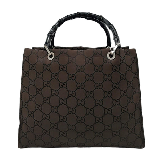 GUCCI Bamboo 1947 Brown Canvas Bamboo Handle Tote Bag Silver Hardware-(SKU)-953508975