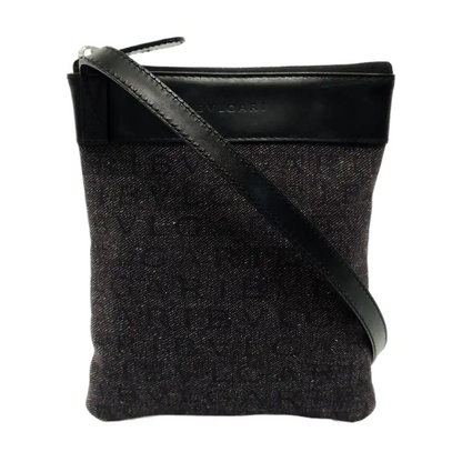 BVLGARI LOGO MANIA Dark Grey Canvas Jacquard Shoulder Bag Handbag Silver Hardware-(SKU)-953620184