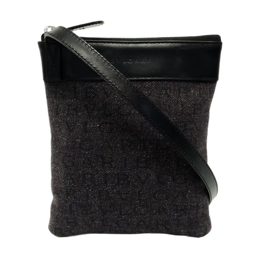 BVLGARI LOGO MANIA Dark Grey Canvas Jacquard Shoulder Bag Handbag Silver Hardware-(SKU)-953620184