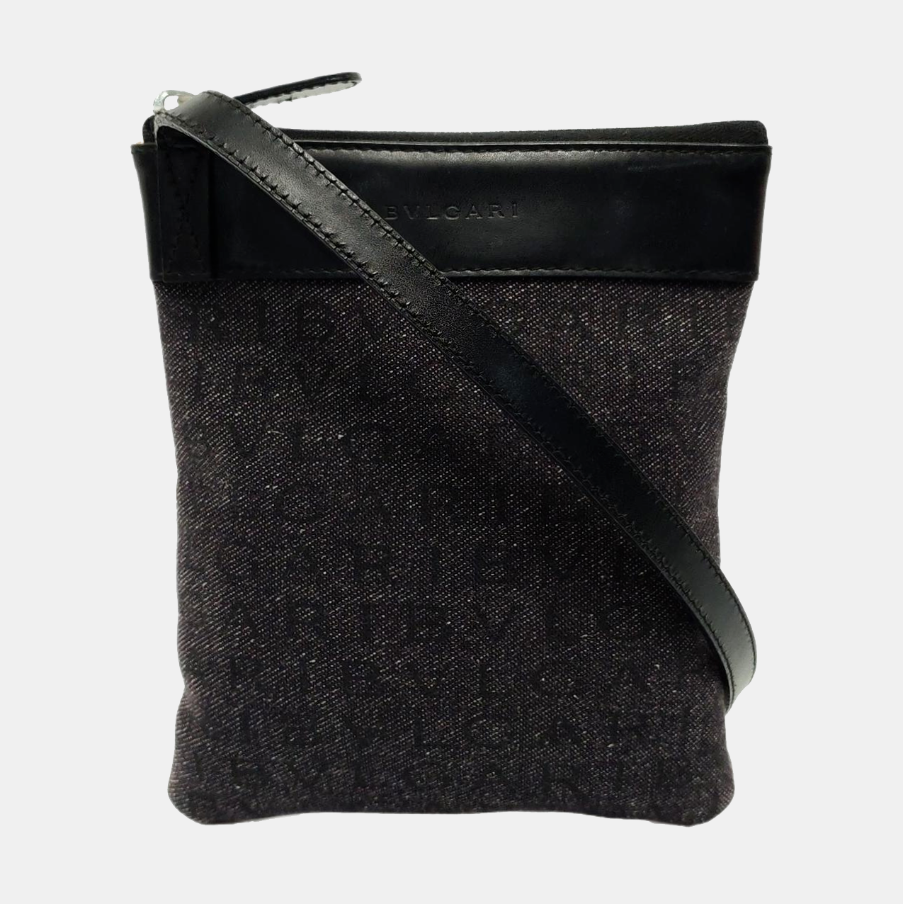 BVLGARI LOGO MANIA Dark Grey Canvas Jacquard Shoulder Bag Handbag Silver Hardware-(SKU)-953620184