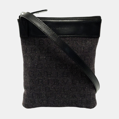 BVLGARI LOGO MANIA Dark Grey Canvas Jacquard Shoulder Bag Handbag Silver Hardware-(SKU)-953620184