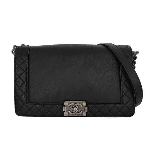 CHANEL BOY CHANEL Large Size Black Calfskin Leather Quilted Tote Bag Single Shoulder Bag Palladium Hardware 18 Clasp Removable Shoulder Strap-(SKU)-953577410