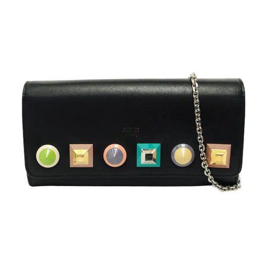 FENDI Monster Black Leather Studs Single Shoulder Crossbody Bag Silver Hardware Removable shoulder strap-(SKU)-953618573