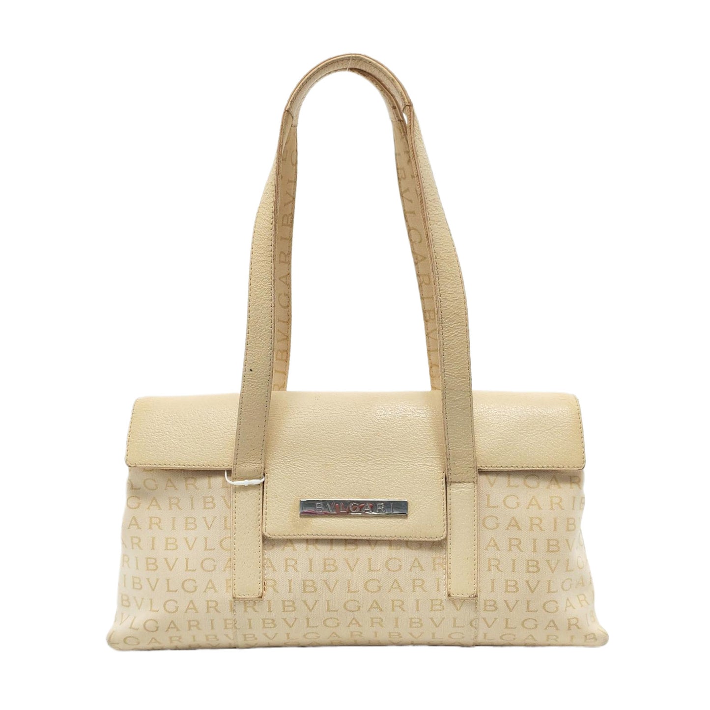BVLGARI LA MANIE DES LOGOS Beige Canvas Floral Handbag Single Shoulder Bag Silver Hardware-(SKU)-954098204