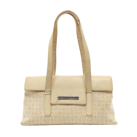 BVLGARI LA MANIE DES LOGOS Beige Canvas Floral Handbag Single Shoulder Bag Silver Hardware-(SKU)-954098204