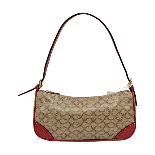 CELINE Khaki Coated Canvas Triumph Grained Shoulder Bag Handbag Golden hardware-(SKU)-942940158