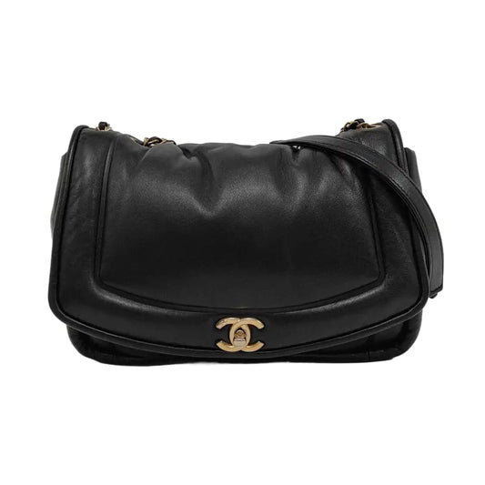 CHANEL VINTAGE PUFFY black lambskin crossbody bag shoulder bag 28 opening gold hardware-(SKU)-954421943