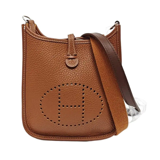 HERMÈS Evelyne TPM Gold Brown Clemence Leather Evelyne Shoulder Bag Crossbody Bag Silver Hardware Removable Strap U Complete Accessories-(SKU)-954343620