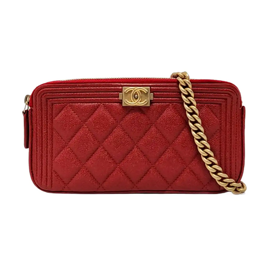 CHANEL BOY CHANEL Red Grained Calfskin Quilted Chevron Single Shoulder Bag Crossbody Bag Gold Hardware 28 Clasp Removable Shoulder Strap-(SKU)-954854363