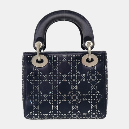 DIOR Lady Dior Mini Dark Blue Silk Jacquard Quilted Shoulder Bag with Chain Strap, Silver Hardware, Removable Shoulder Strap-(SKU)-955061243