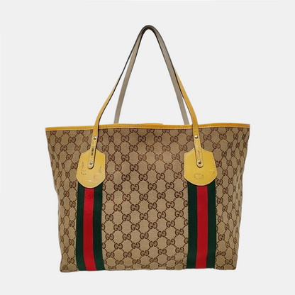 GUCCI Jolicoeur Medium size Khaki Canvas Monogrammed Striped Webbing Single Shoulder Bag Tote Bag Golden hardware-(SKU)-955054471