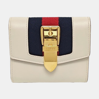 GUCCI Sylvie White Cowhide Striped Strap Serbian Wallet Golden hardware-(SKU)-954989846