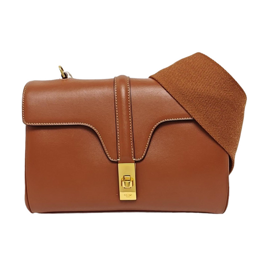 CELINE 16 Teen Brown Calfskin Single Shoulder Bag with Detachable Strap and Gold Hardware-(SKU)-955131984