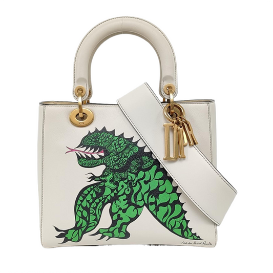 DIOR Lady Dior Medium White Leather Printed Cannage Bag Crossbody Shoulder Bag Handbag Gold Hardware Removable Strap-(SKU)-955334557