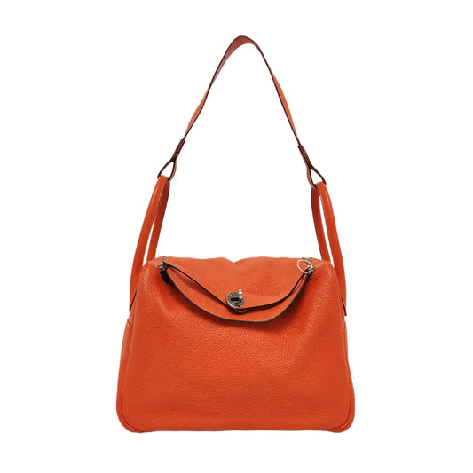HERMÈS Lindy 34 Hermes Orange Clemence Leather Lindy Bag Crossbody Bag Handbag Silver Hardware X Engraving-(SKU)-955680085