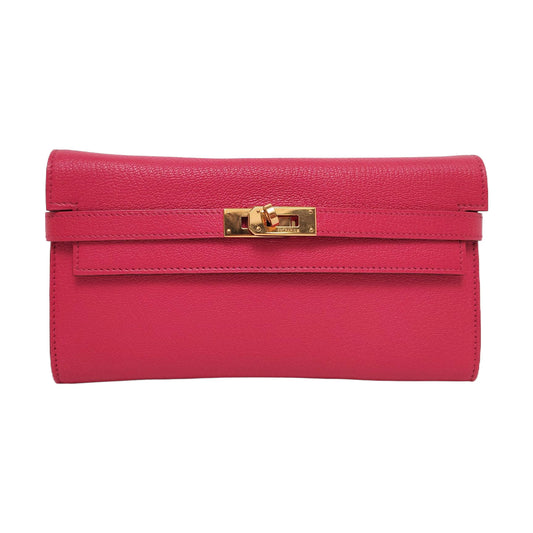 HERMÈS Kelly Rose Chèvre Mysore Goat Leather Wallet Gold Hardware 🄽 Embossed External Stitch-(SKU)-955716204