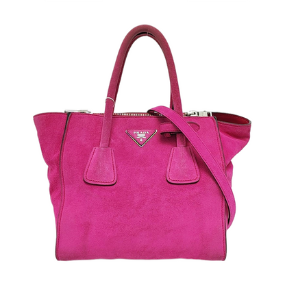PRADA Pink Suede Logo Single Shoulder Bag Crossbody Tote Silver Hardware Removable shoulder strap-(SKU)-956356987