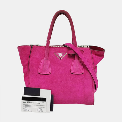PRADA Pink Suede Logo Single Shoulder Bag Crossbody Tote Silver Hardware Removable shoulder strap-(SKU)-956356987