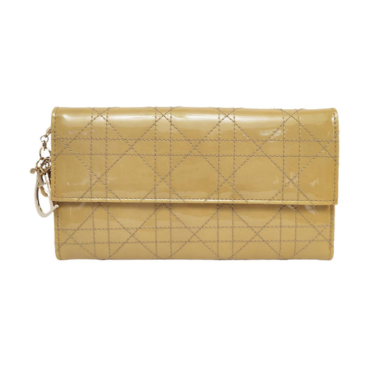 DIOR Lady Dior Light Yellow Lacquered Leather Wicker Pattern Stitched Wallet Golden hardware-(SKU)-956498734