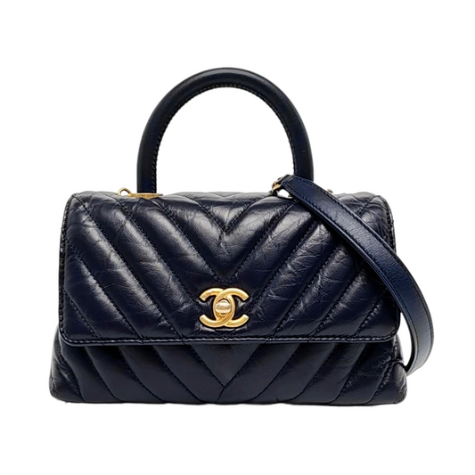 CHANEL COCO HANDLE Small Navy Blue Leather Quilted V Pattern Shoulder Bag with Detachable Strap, Gold Hardware, 26 Clasp-(SKU)-956703810