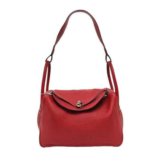 HERMÈS Lindy 34 Flag Red Clemence Leather Shoulder Bag Tote Bag Silver Hardware 🅀 Clasp-(SKU)-956096162