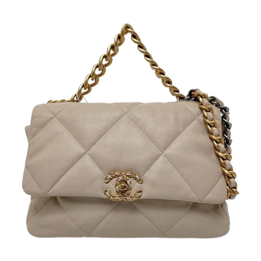 CHANEL CHANEL 19 Large Size Beige Lamb Skin Quilted Diagonal Bag, Shoulder Bag, Crossbody with Detachable Strap, Golden, Silver, and Ruthenium-Colored Hardware, 30 Clasps-(SKU)-957035643