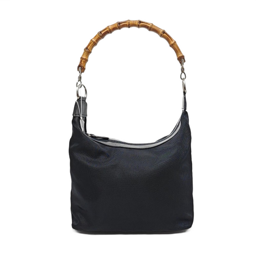 GUCCI Bamboo 1947 Black Canvas Bamboo Handle Handbag Single Shoulder Bag Silver Hardware-(SKU)-956992006