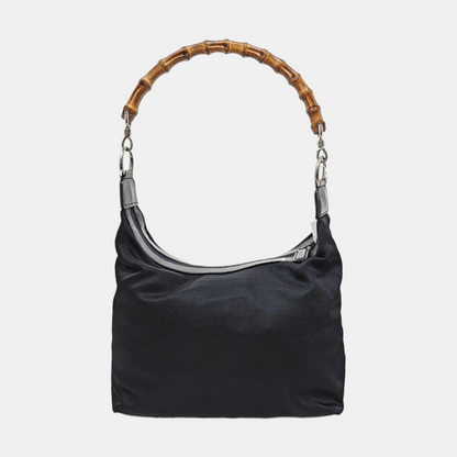GUCCI Bamboo 1947 Black Canvas Bamboo Handle Handbag Single Shoulder Bag Silver Hardware-(SKU)-956992006