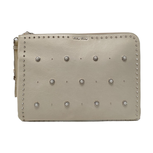 Miu Miu Beige Cowhide Studs Handbag Silver Hardware-(SKU)-957040349