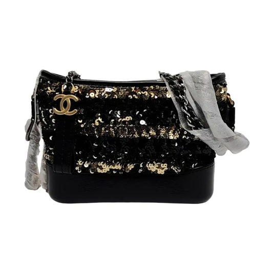 CHANEL GABRIELLE Black Sequined Woven Bag Shoulder Bag Crossbody Bag Rhodium Hardware 26 Clasp Removable Strap-(SKU)-957268642