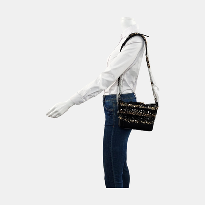 CHANEL GABRIELLE Black Sequined Woven Bag Shoulder Bag Crossbody Bag Rhodium Hardware 26 Clasp Removable Strap-(SKU)-957268642