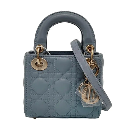 DIOR Lady Dior Mini Blue Lamb Skin Quilted Cannage Four-Gusset Shoulder Bag with Detachable Strap and Accessories Included-(SKU)-953418236
