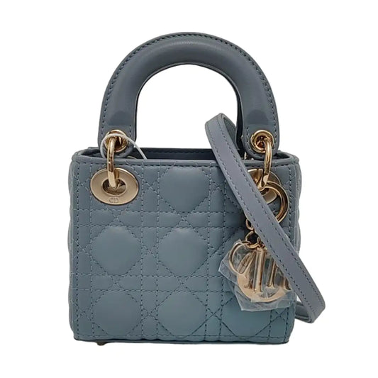 DIOR Lady Dior Mini Blue Lamb Skin Quilted Cannage Four-Gusset Shoulder Bag with Detachable Strap and Accessories Included-(SKU)-953418236