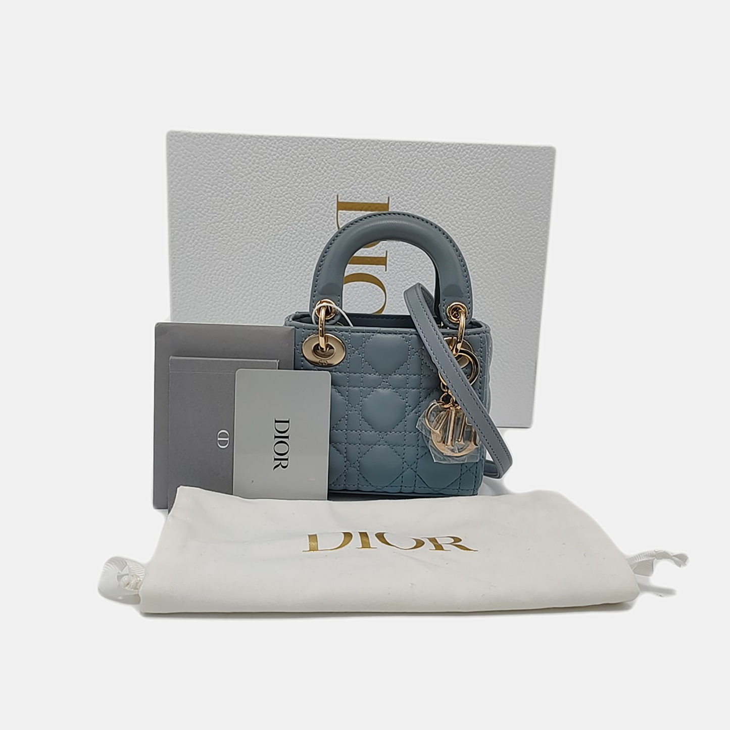 DIOR Lady Dior Mini Blue Lamb Skin Quilted Cannage Four-Gusset Shoulder Bag with Detachable Strap and Accessories Included-(SKU)-953418236