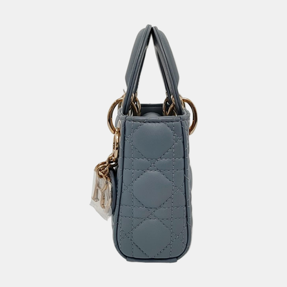 DIOR Lady Dior Mini Blue Lamb Skin Quilted Cannage Four-Gusset Shoulder Bag with Detachable Strap and Accessories Included-(SKU)-953418236