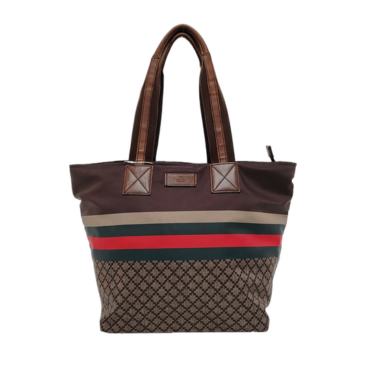 GUCCI Brown nylon monogram striped strap handbag crossbody shoulder tote Golden hardware-(SKU)-957584034