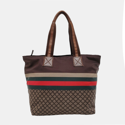 GUCCI Brown nylon monogram striped strap handbag crossbody shoulder tote Golden hardware-(SKU)-957584034